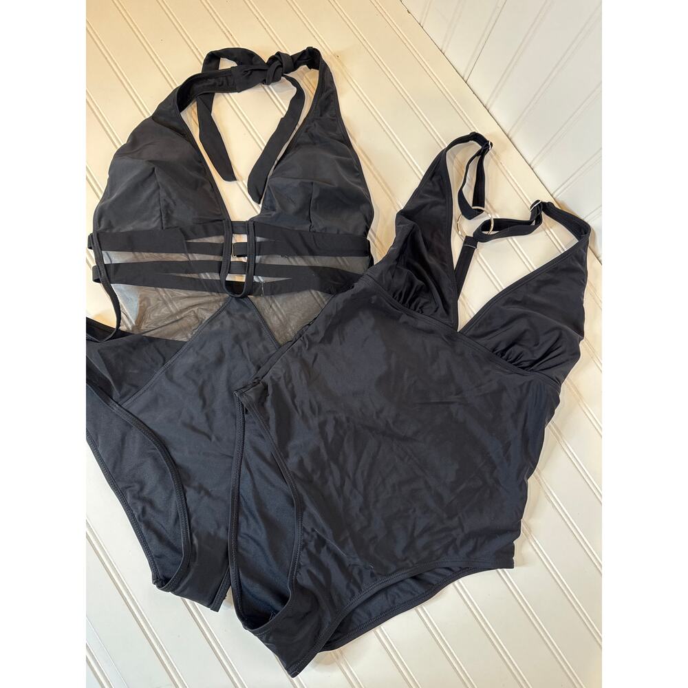 NWT Cupshe LOT OF 2 Swimsuits - Black Mesh Plunging Halter 1-PC Swim Bundle M